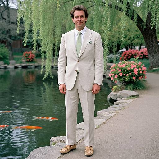 Photograph of a man in a white suit, green tie, and tan shoes standing by a koi pond with pink flowers and willow trees.