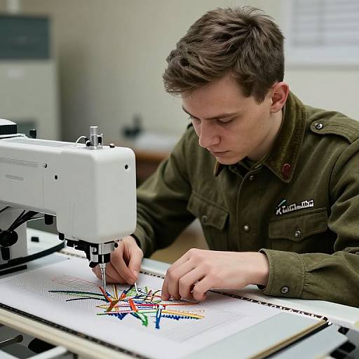 Photograph of a focused young man with short brown hair, wearing an olive green military-style jacket, sewing colorful embroidery on a white sewing machine in a