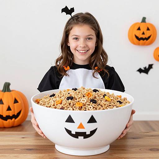 Photograph of a smiling young girl with brown hair wearing a black and white bat-themed Halloween costume, holding a white bowl of candy corn with a jack