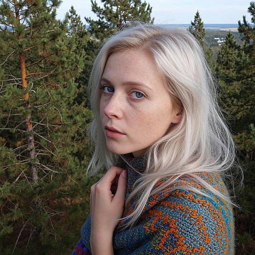 Photograph of a pale-skinned, blue-eyed, young woman with long, white-blonde hair, wearing a colorful, knitted sweater,