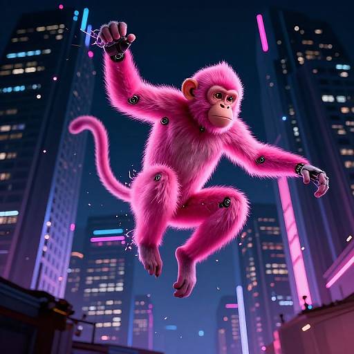 CGI pink-furred monkey with glowing neon accents, mid-jump in a futuristic, neon-lit cityscape with tall skyscrapers at night