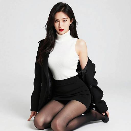 Photograph of an Asian woman with long black hair, red lipstick, wearing a white sleeveless turtleneck, black skirt, black jacket, and