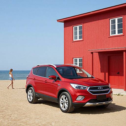 Photograph of a shiny red Nissan SUV parked on a sandy beach in front of a bright red wooden house with white windows. A woman in a white
