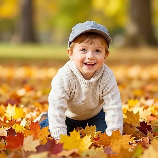 Photograph of a smiling young boy with light brown hair, wearing a gray cap and white sweater, crouching in a forest of colorful autumn leaves