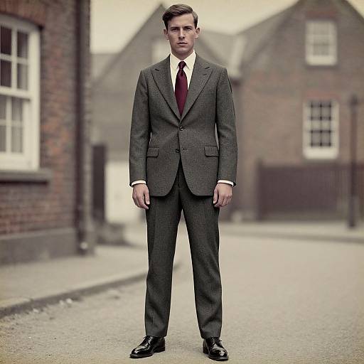 Photograph of a young Caucasian man in a dark gray suit, white shirt, and red tie, standing on a suburban street. Background includes brick houses