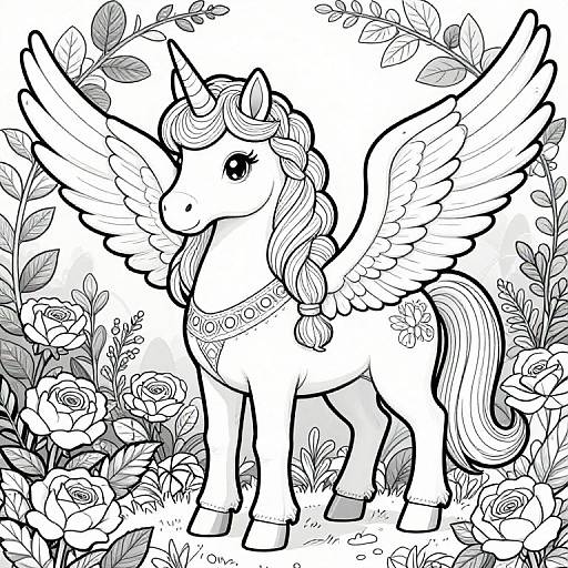 Black-and-white line drawing of a cute, winged unicorn with a flowing mane and floral-patterned collar, standing amid detailed roses and leaves.