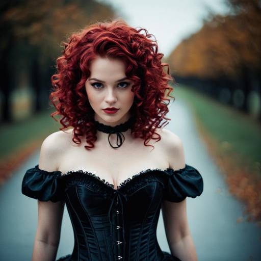 Woman in Gothic Black Corset Dress with Red Curly Hair