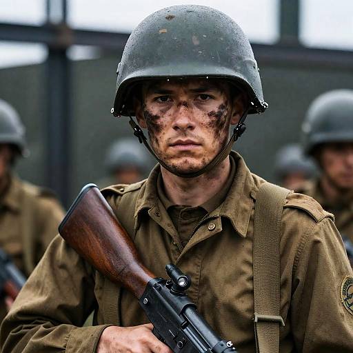Focused Soldier Amidst Dark Metal Background