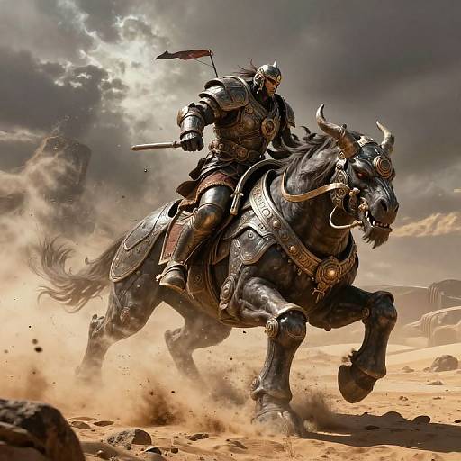 Digital artwork of a armored warrior riding a fierce, black horned warhorse through a dusty, sunlit desert, wielding a flag and sword.