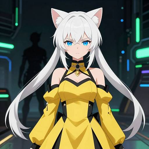 Digital anime-style drawing of a white-haired, blue-eyed catgirl with yellow dress, black accents, and cat ears, standing in a futuristic, neon