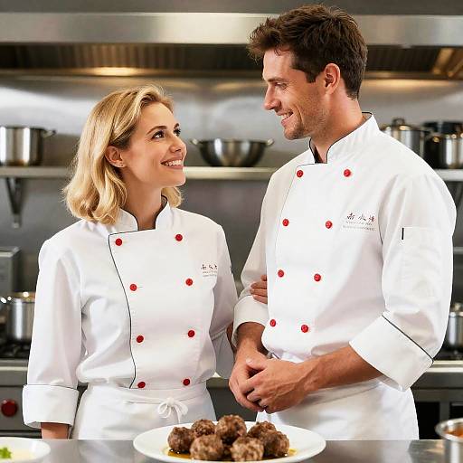 Two Chefs Smiling in Professional Kitchen
