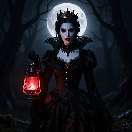 Gothic Vampire Queen with Lantern in Moonlit Forest