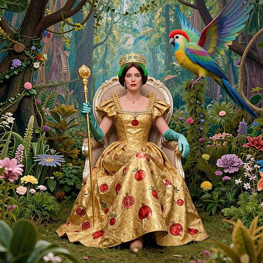 Digital fantasy artwork of a fair-skinned woman in a gold dress with red roses, turquoise gloves, crown, and scepter, surrounded by vibrant flowers