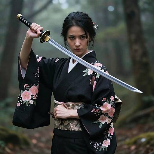 Photograph of an Asian woman with black hair in a floral black kimono, holding a katana in a misty forest. Intense expression,