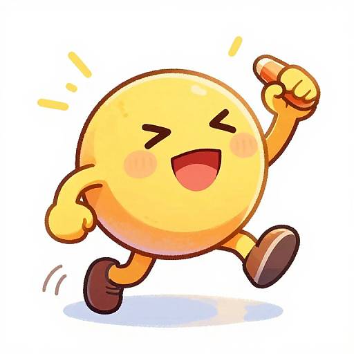 Cartoon yellow circular character with blush, closed eyes, and open smile, running with raised fist and small brown shoes, holding a yellow object. Digital