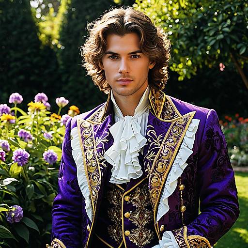 Young Man in Ornate Purple Victorian Jacket in Garden