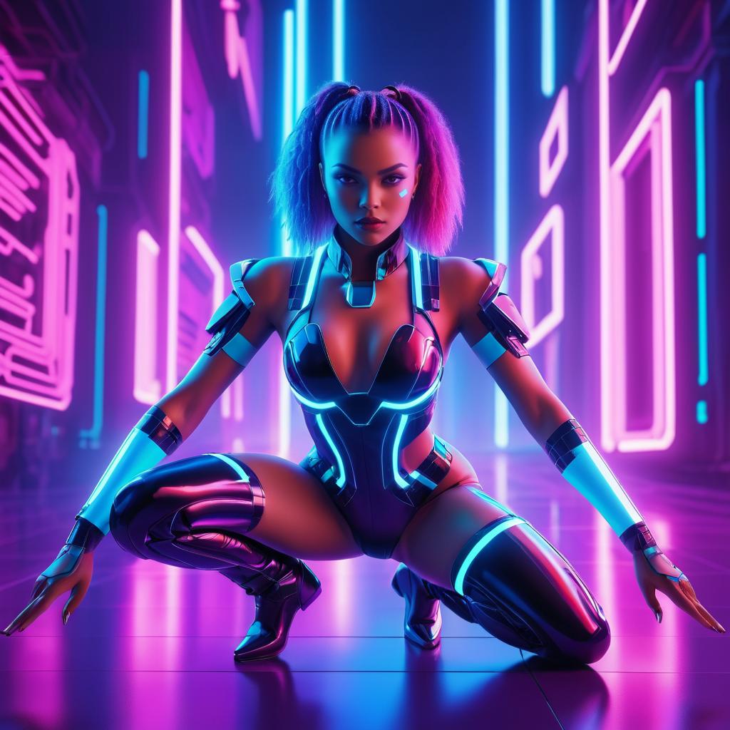 Dynamic Female Cyborg in Neon Paradise