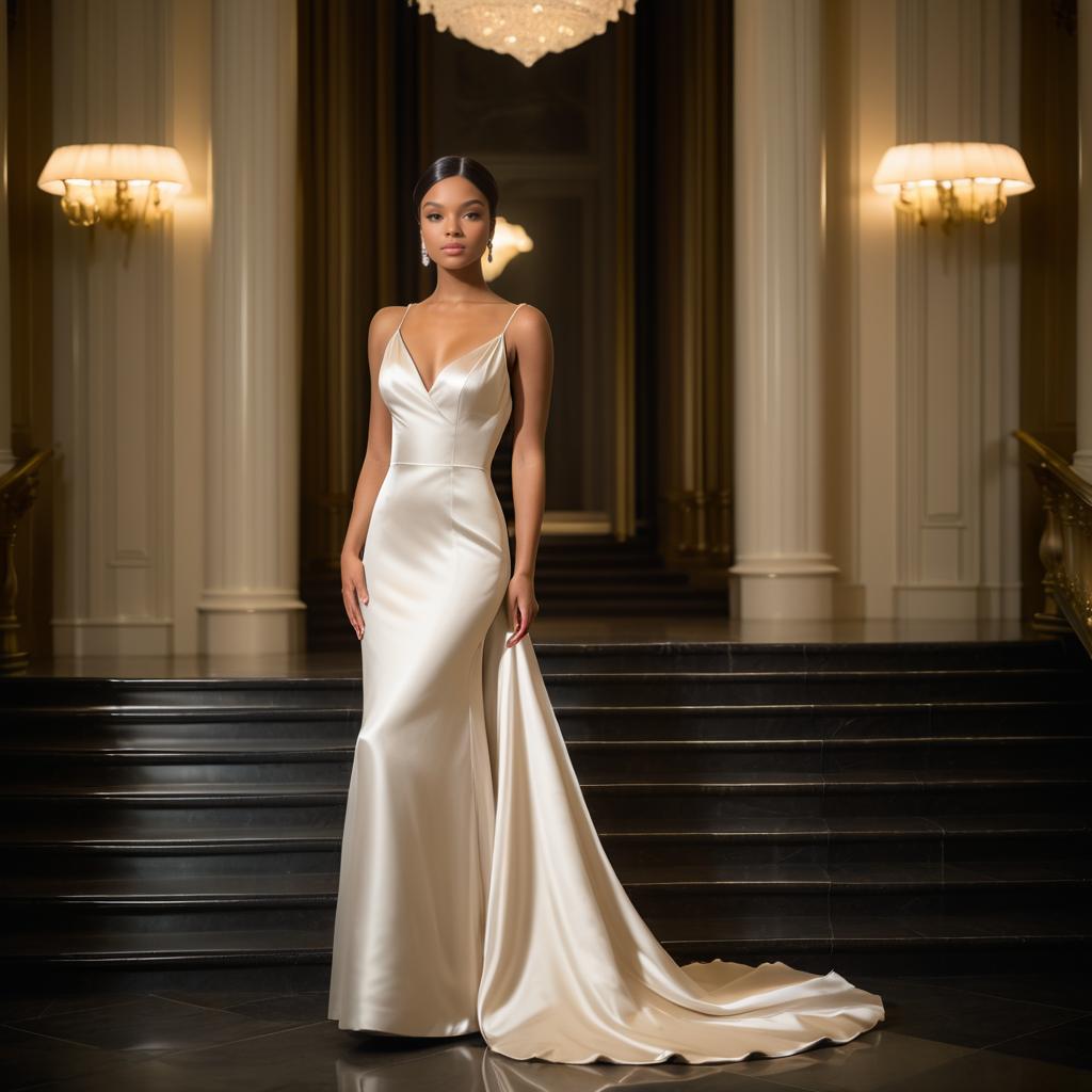 Elegant Satin Gown Portrait on Staircase