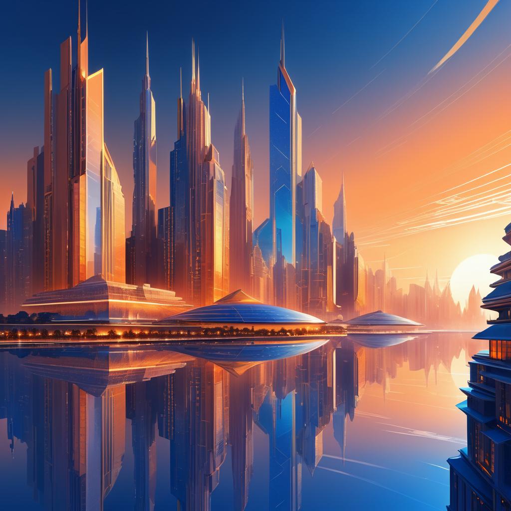 Regal Futuristic City Skyline at Sunset