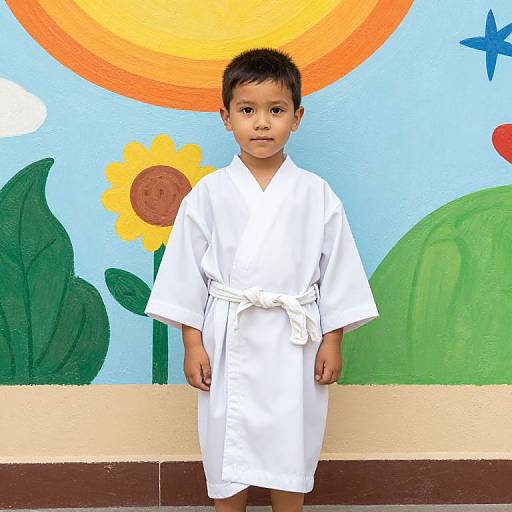 Boy in White Toga with Mural
