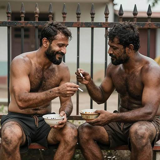 Two Muscular Men Sharing Food and Cigarettes