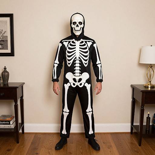 Photograph of a man in a black and white skeleton costume standing in a living room with wooden floors, black side tables, and a framed picture on