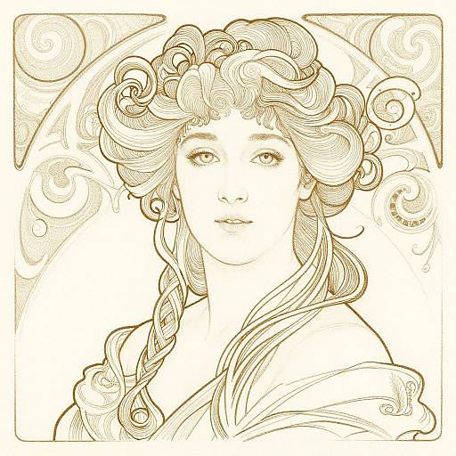 Detailed line drawing of a woman with curly hair, braid, and soft expression, set against swirling patterns, in a square frame.