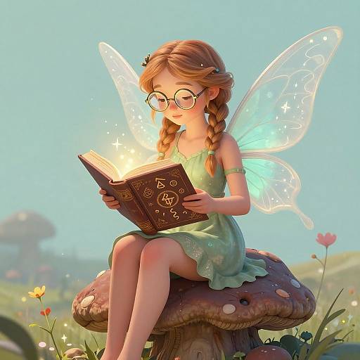 Digital artwork of a fairy girl with braided hair, glasses, and glowing wings, reading a magic book on a mushroom.