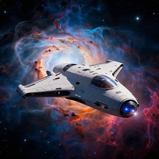 Digital art of a white, futuristic spaceship with a blue nose light, flying through a vibrant, colorful nebula in space.