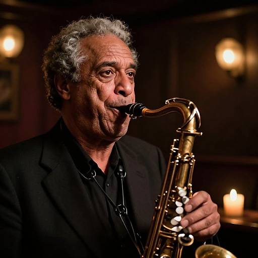 Photograph of an older man with curly gray hair, wearing a black suit, playing a golden saxophone in a dimly lit, warm-toned