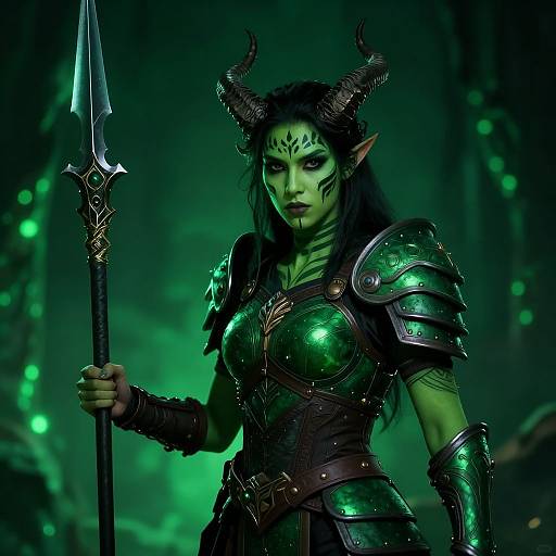 Digital artwork of a green-skinned, demonic woman with black horns, pointed ears, and glowing green eyes, wielding a spear, wearing metallic armor in