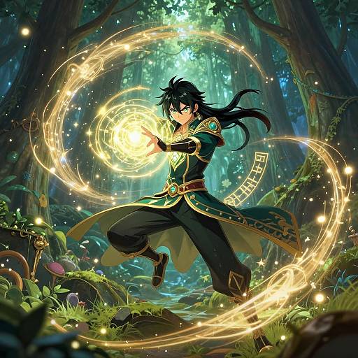 Anime Mage Casting Spell in Enchanted Forest