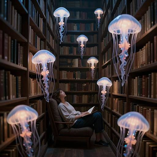 Photograph of a woman in a library aisle, reading, surrounded by glowing jellyfish lanterns hanging from bookshelves. Dim, serene atmosphere.