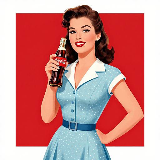 Vintage-style illustration of a smiling woman with dark wavy hair, wearing a blue polka dot dress with white collar, holding a Coca-Cola bottle,