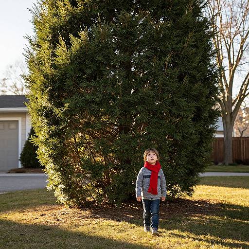 Photograph of a young boy with short brown hair, wearing a gray sweater, red scarf, and blue jeans, standing in front of a tall,