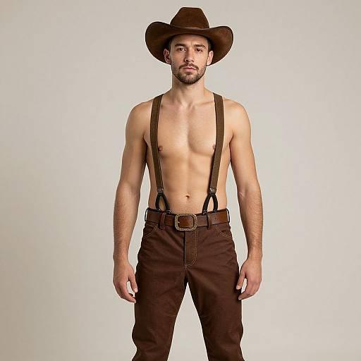 Photograph of a shirtless, muscular man with light skin, brown hair, and beard, wearing brown suspenders, pants, and a brown cowboy
