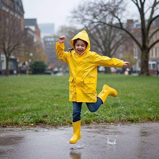 Photograph of a smiling young girl in a bright yellow raincoat and boots, joyfully jumping in a puddle on a rainy day in a green