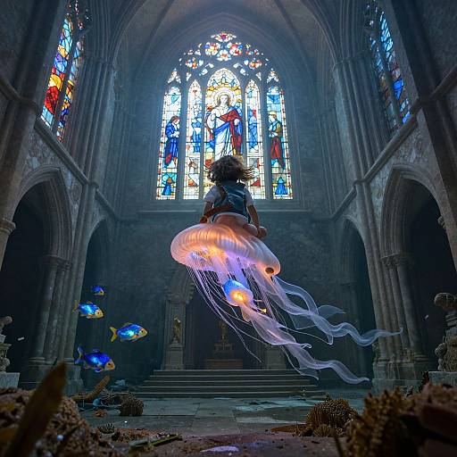 Photograph of a girl with curly hair, wearing a blue dress, floating on a glowing jellyfish in a dim, cathedral-like room with colorful stained