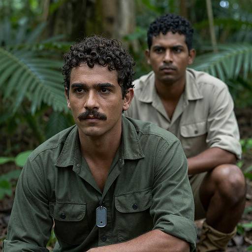 Two men in jungle with intense expressions