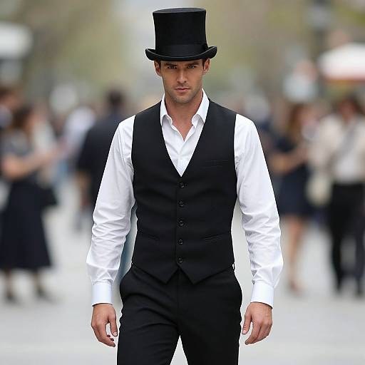 Photograph of a handsome man in a black top hat, white shirt, and black vest, walking confidently in a blurred outdoor crowd.