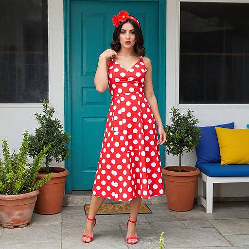 Photograph of a woman with dark hair, wearing a red polka dot dress, red heels, and red bow, standing in front of a teal