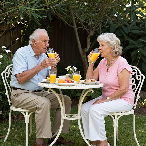 Photograph of an elderly couple, white, sipping orange juice at a white, wrought-iron garden table with fruit and flowers.