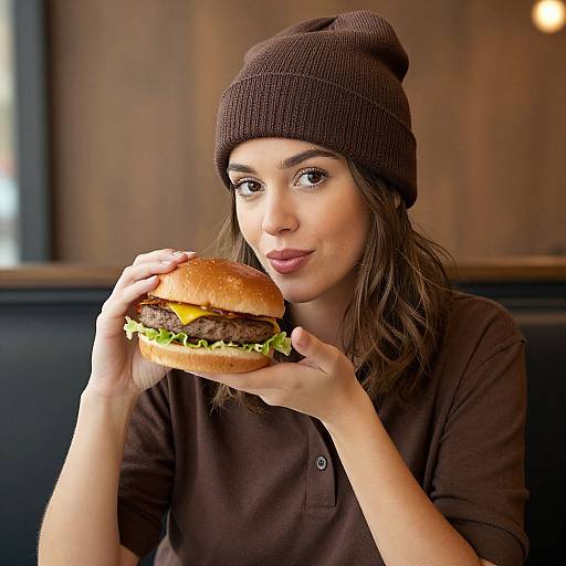 Photograph of a young woman with light skin, brown eyes, and wavy brown hair, wearing a brown beanie and shirt, holding and biting