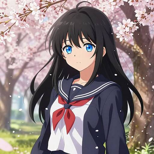 Blue-Eyed Anime Girl in Cherry Blossoms