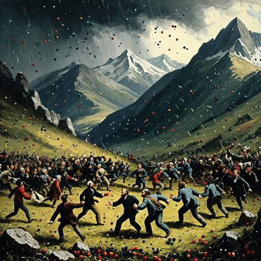 Surreal Mountain Scene with Frolicking Sprites