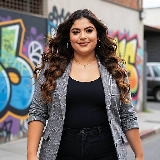 Photograph of a confident woman with long wavy brown hair, wearing a gray checkered blazer, black tank top, and black pants, standing