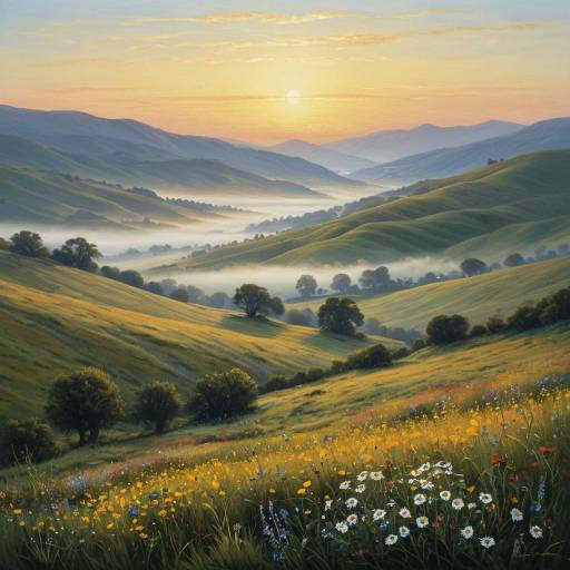 Misty Valley Sunrise with Wildflowers