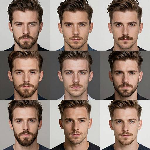 Digital collage of nine headshots of a handsome, fair-skinned, blue-eyed, bearded man with varying hairstyles and slight expressions.