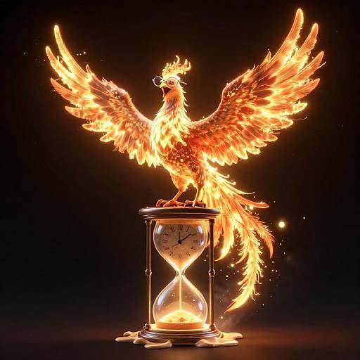 Photorealistic CGI of a fiery phoenix with outstretched wings standing on a burning hourglass against a black background.