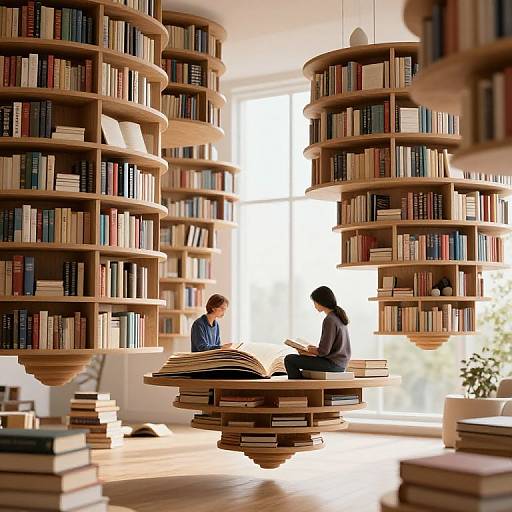 Photograph of two women, one with blonde hair, one with brown hair, sitting on floating wooden bookshelf islands in a sunlit library with circular